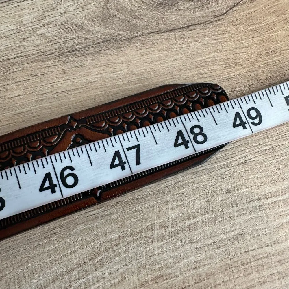 Vintage USA Made Genuine Leather Brown Tooled Belt 44